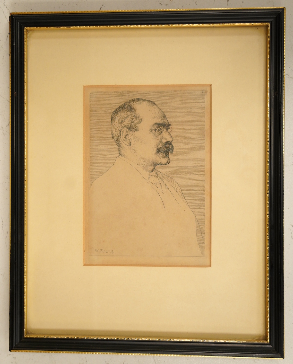 William Strang RA (1859-1921), etching, Portrait of Rudyard Kipling, signed in plate, 15 x 10cm. Condition - poor to fair